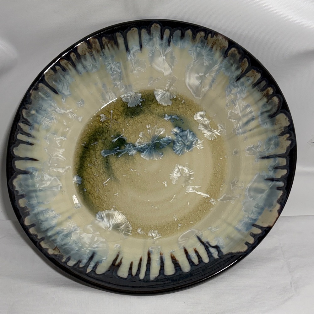 Elegant Ceramic Art Plate with Blue and Cream Accents